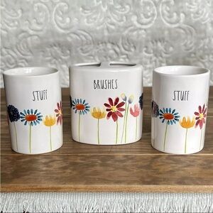 Rae Dunn Artisan Collection 3 Vanity Pieces Stuff & Brushes EUC Floral Holders